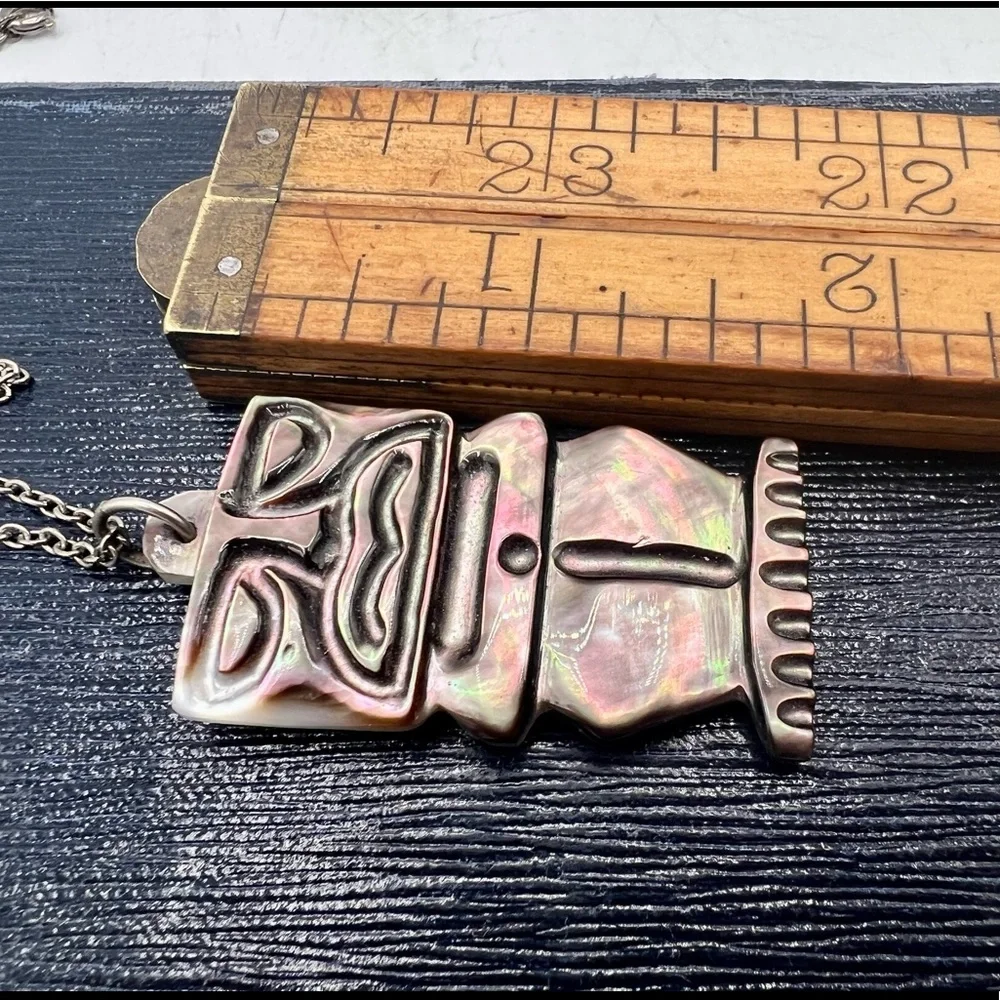Vintage reversible carved mother of pearl tiki pendant tribal unique 18”